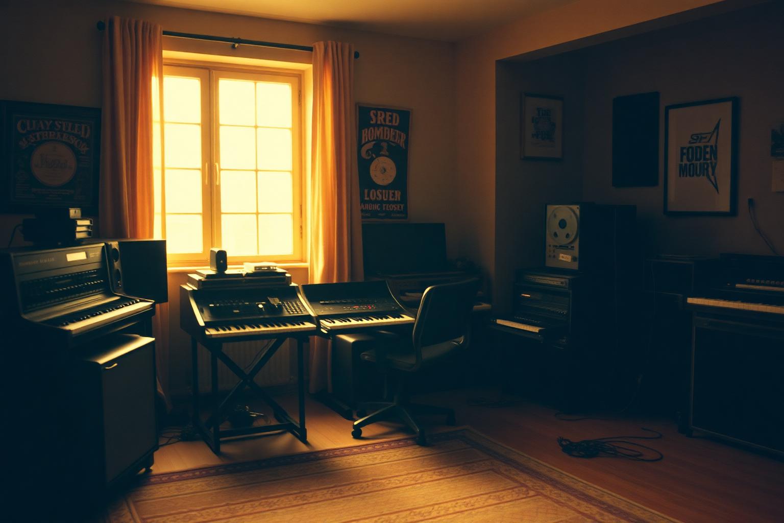 Warm analog music production studio with vintage equipment